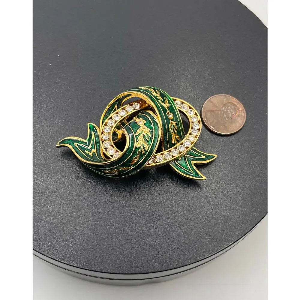 Joan Rivers‎ Signed Vintage Gold Tone Green Enamel Rhinestone Ribbon Brooch